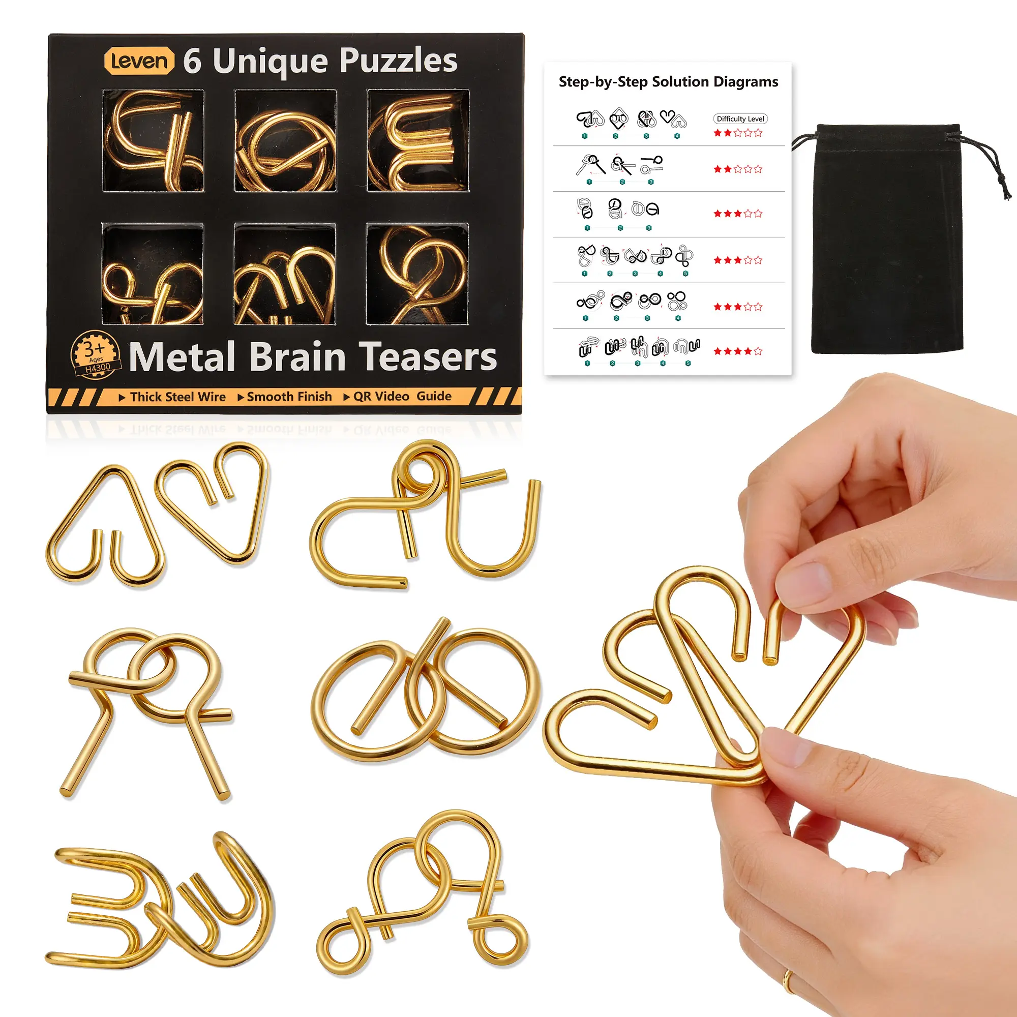 Leven Gold Metal Wire Puzzle Set (6 Rings) – Thick 4.3mm Smooth
