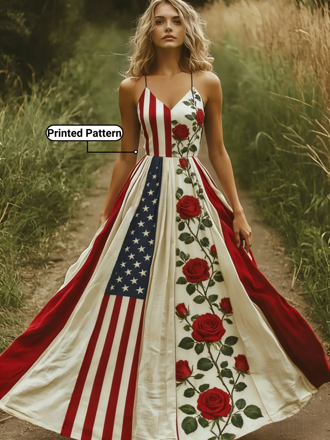 Women’s Independence Day Print A-Line Spaghetti Strap Midi Dress with Waist Definition and Padding — Elegant