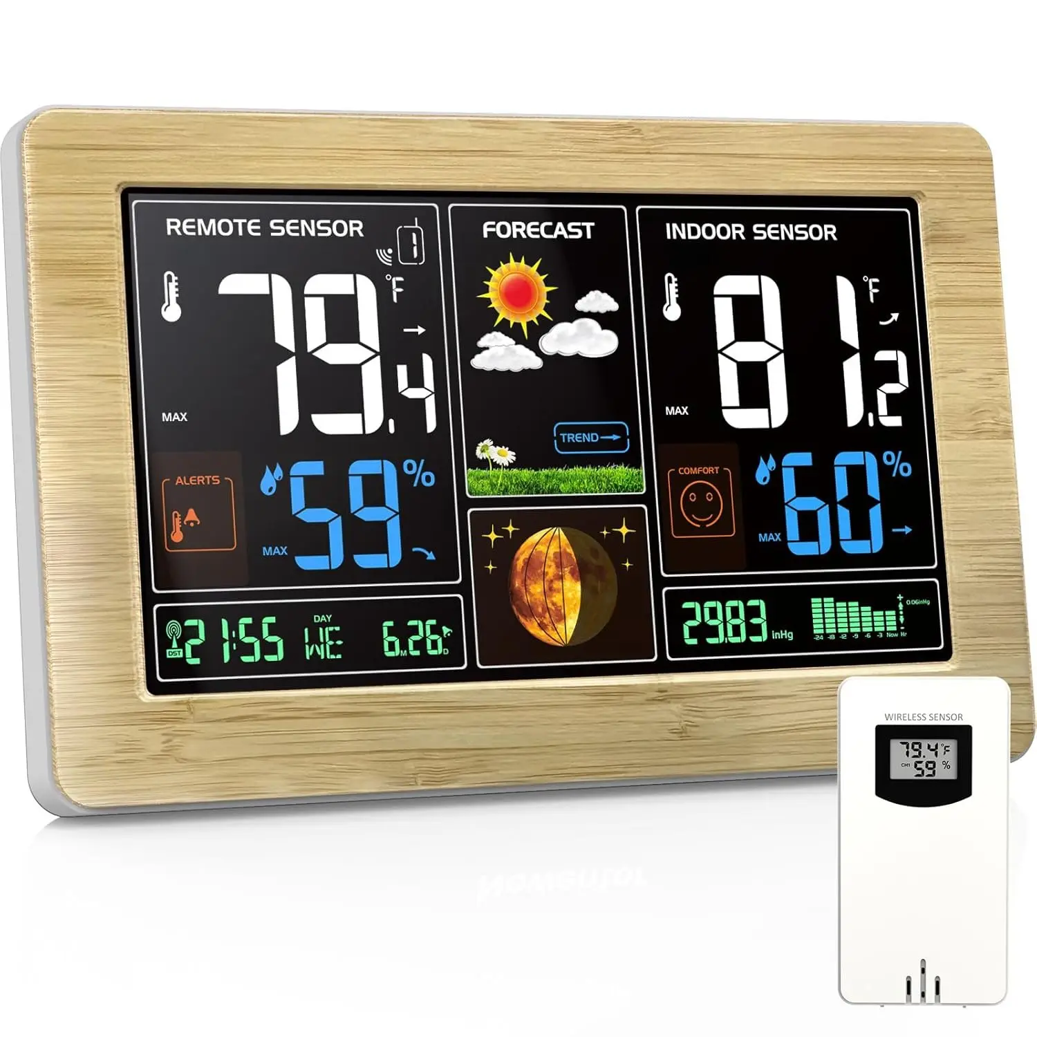 Weather Station  Indoor Outdoor Thermometer, Color Display Digital Weather Thermometer with Atomic Clock, Barometric , Forecast Station with Adjustable Backlight,