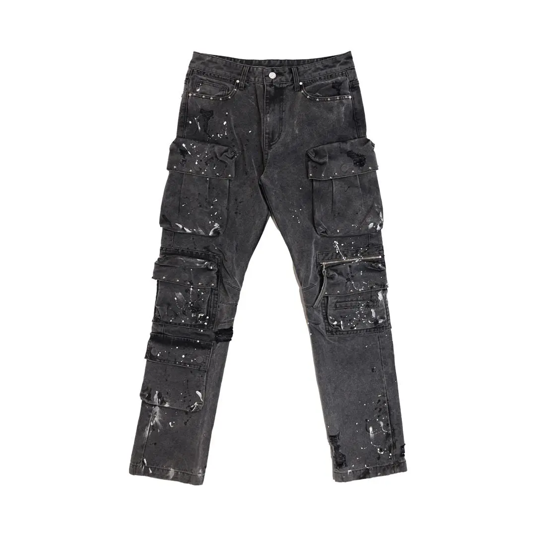 Men's Cargo Pants in Black Cotton Denim, Slim Fit Trousers with Studs and Paint Splatter Detail, Menswear, Slimfit, Classic, Pocket, Zip Fly, Full Length