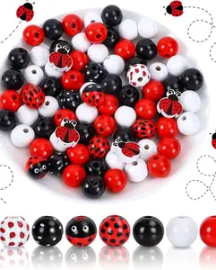 Round Ladybug Shape Wood Beads - 7 Styles Red Black White for DIY Home Party Decor Jewelry Making Choking Hazard Small Ball Mixed