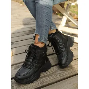 Ladies' winter fleece-lined warm and classic all-weather snow boots with lacing design and plush lining, suitable for comfortable and casual outings in cold weather.