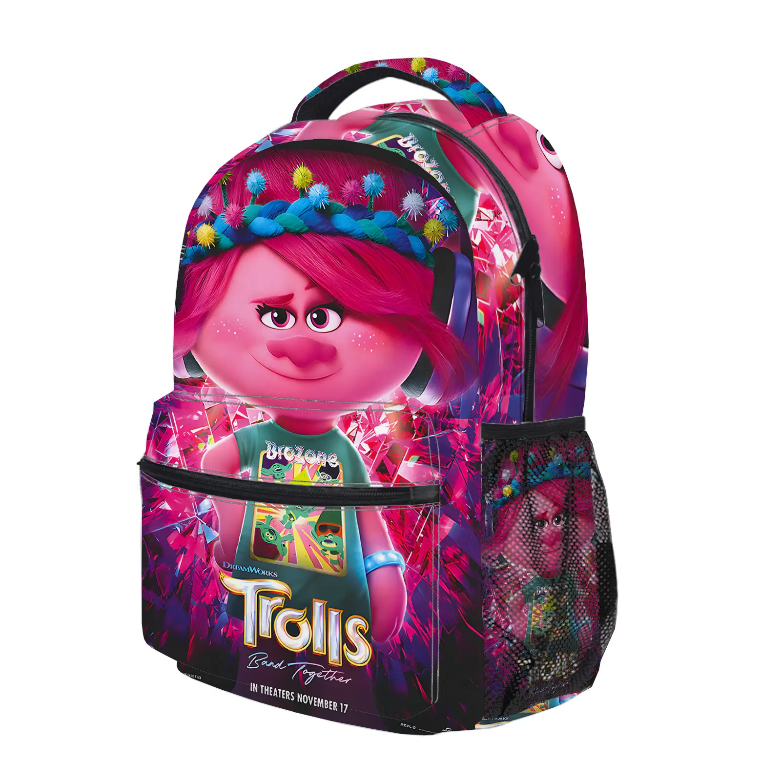 Trolls World Tour Backpack, Cute Y2K Fashion School Bag for Girls and Teens, Durable Cartoon Printed Bookbag with Mesh Side Pockets, Lightweight Travel Daypack for Back to School c-259