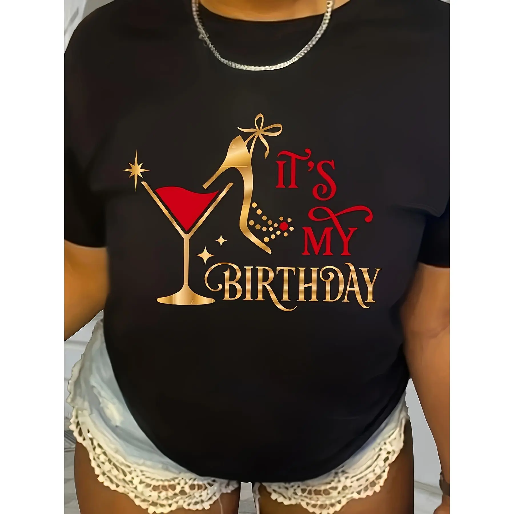 Women's Black Round Neck Shortsleeve Loose Elegant T-Shirt - "It's My Birthday" Cocktail High Heel Graphic, Trendy Casual Party Outfit, Comfortable Summer Top# versatile short sleeve