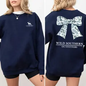 Wild Southern Outfitters - Camo Bow 2-Sides Sweatshirt, Cute Crewneck Outdoors, Fall Camo Shirt, Simply Printed Graphic Sweatshirts, Daily Casual Cotton Womenswear