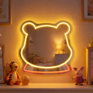 Cute Bear Neon Mirror LED Wall Decor for Kids Room Nursery Bedroom