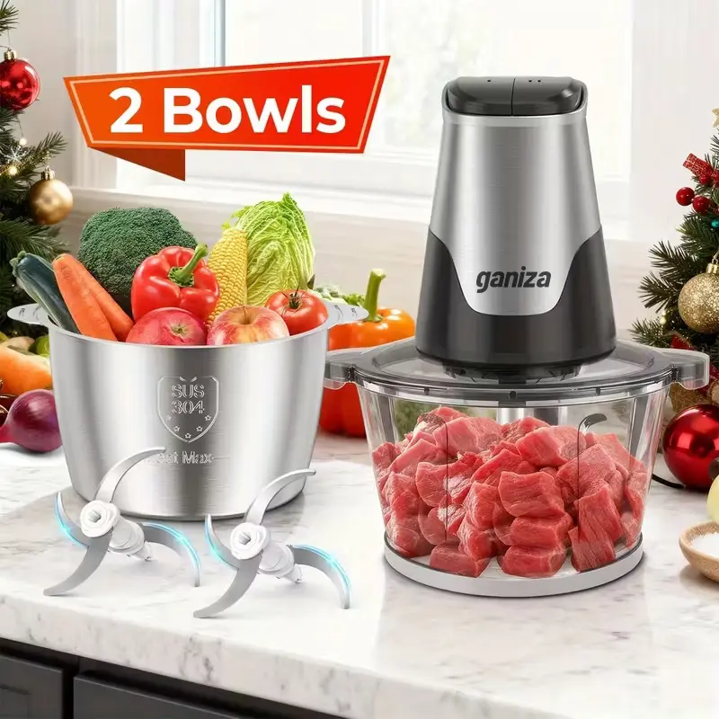 Ganiza Food Processor with 8 Cup Glass Bowls & 8 Cup Stainless Steel 2-Speed Food Chopper Meat Grinder Upgraded Button & Smart Overheat Protection Light - Includes Clean Brush 2 Sets of Blades Kitchen Vegetable Slicer Vegetable Cutter,home essentials