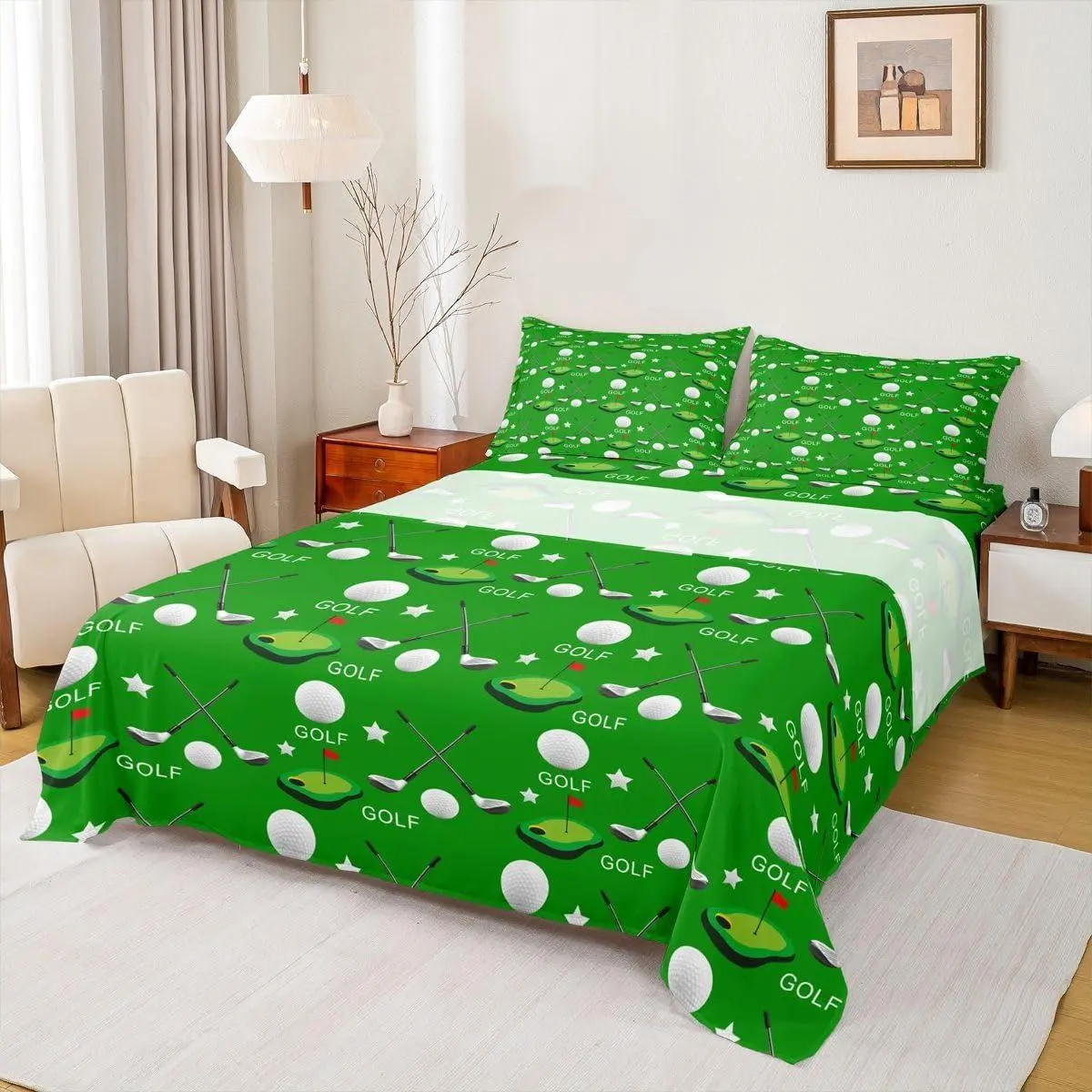 Golfs Kids Sheet,Modern Ball Sports Games Fashion Bedding Set,Boys Girls Adults Room Decor,Golf Club Golf Lovers Green Bright Bed Sheet Set,(Fitted + Flat Sheet)