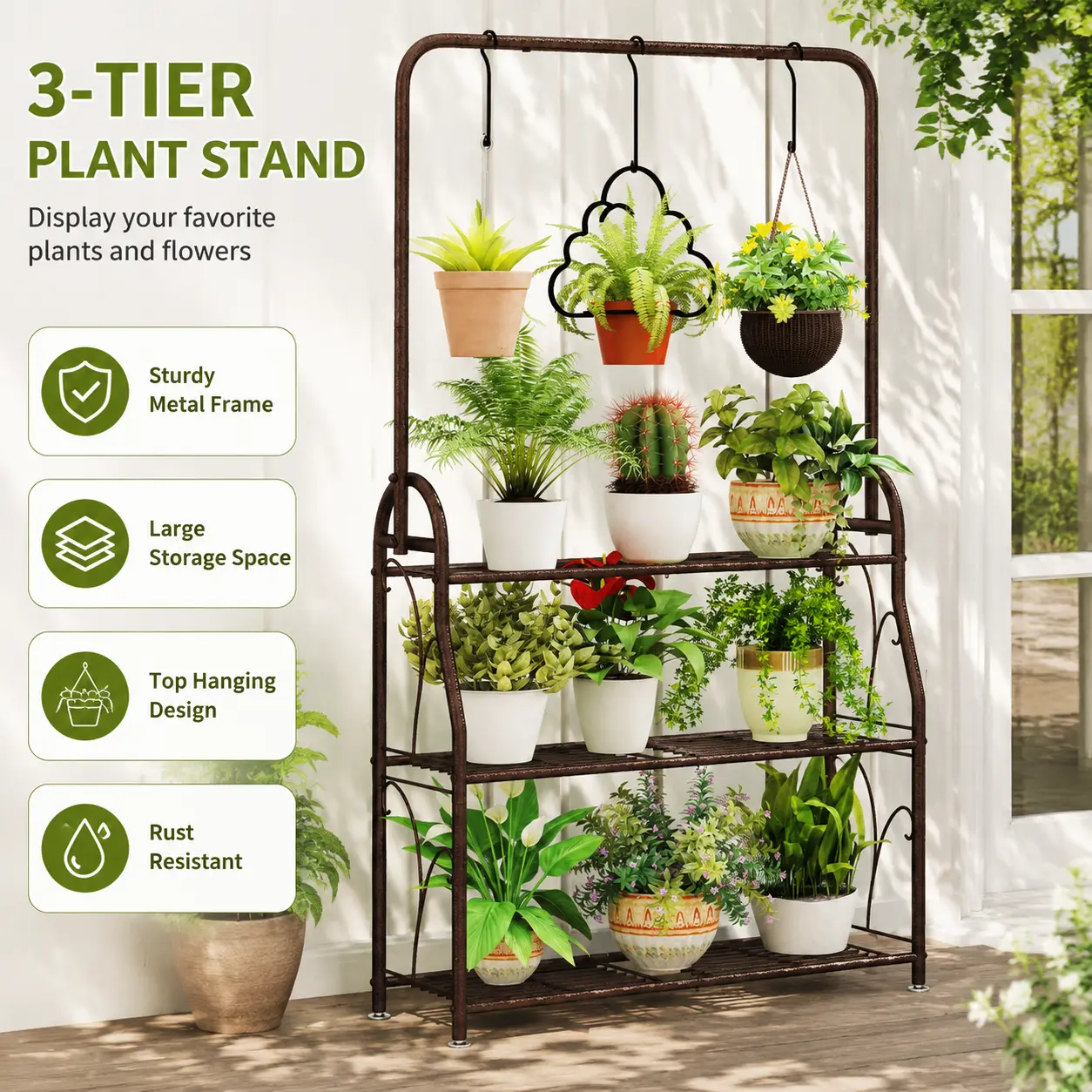 3 Tier Metal Corner Plant Stand - Indoor Outdoor Garden Organizer Rack with Large Capacity, Waterproof, Corrosion Resistant for Living Room, Garage Organization, Closet Storage, Plants - Home Summer Sale Deals