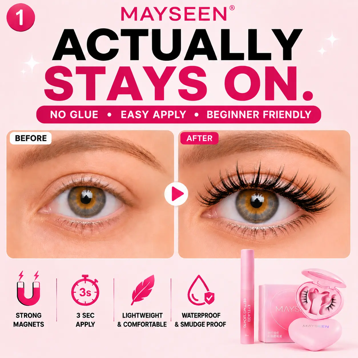 MAYSEEN Magnetic Eyelashes Set, Glue-Free with 3s Apply for a Natural Glam Makeup Routine, Reusable and Lightweight Vegan Clean Lashes, Cruelty-Free