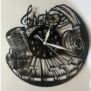 Music Theme Vinyl Record Wall Clock, Vintage Microphone, Headphones, Piano Keyboard, Musical Notes, Perfect for Music Lovers