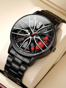 1 trendy wheel shaped men's steel strap watch with personalized fully automatic quartz movement men's watch