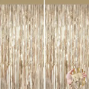 2Pack Champagne Gold Foil Fringe Backdrop Curtains, Tinsel Door Streamers, Fringe Backdrop for Birthday Decorations Graduation New Years Eve, Wedding, Baby Shower, Gender Reveal, Disco Party Decors
