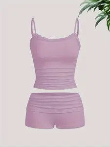 Women's Adjustable Strap Lace Trim Knit Shorts Set, Comfortable Casual for Spring & Summer, Stylish Daily Wear Apparel