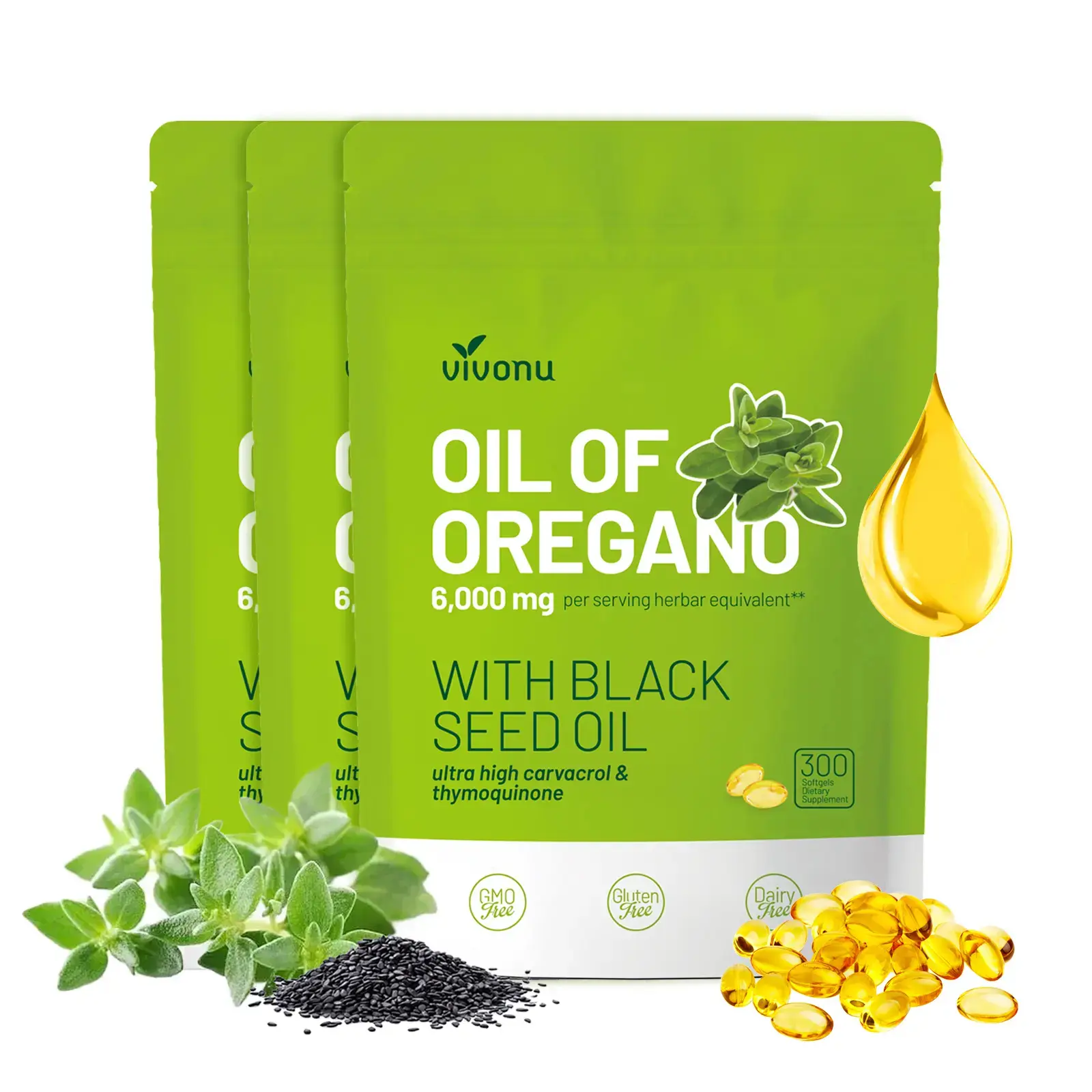 VivoNu Oil of Oregano with Black Seed Oil 300 Capsules | Natural Antioxidants | Nutritional Support | Highly Effective Dietary Healthcare Supplement