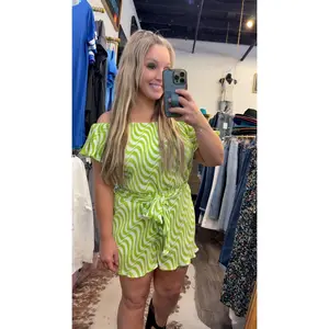 Plisse Off Shoulder Romper (Lime)