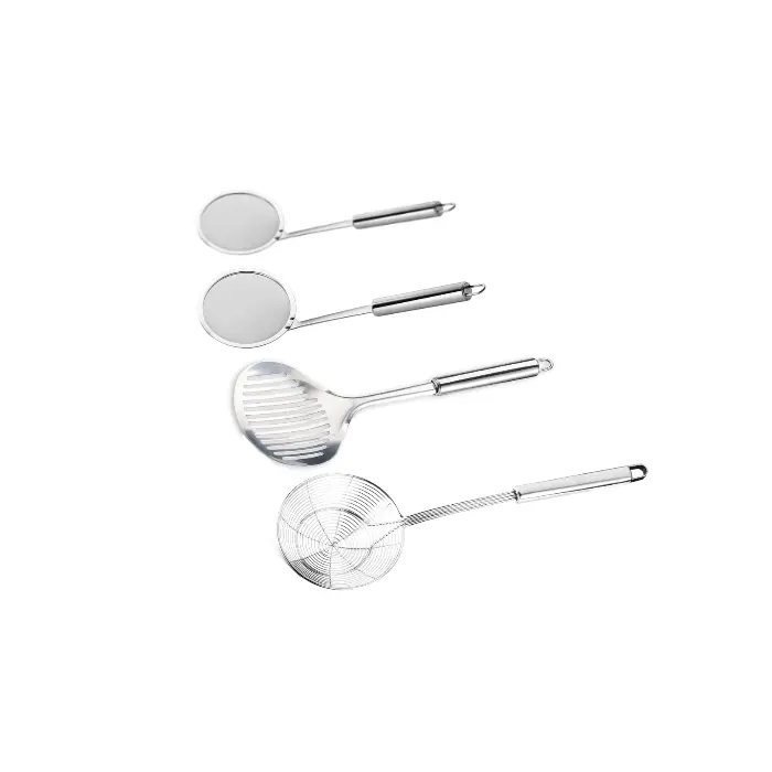 4Pcs Kitchen Solid Stainless Steel Spider Strainer Skimmer Ladle for Cooking and Frying, Kitchen Utensils Wire Strainer Pasta Strainer Spoon Hot Pot Fat Skimmer Spoon Set