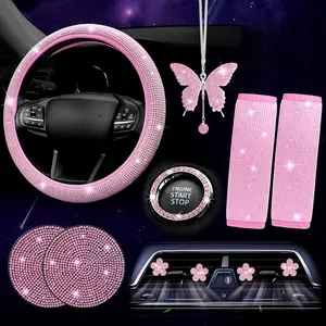 ARTILAURA 11 PCS Pink Car Accessories Set for Women, Bling Steering Wheel Covers, Bling Butterfly Hanging Interior, Seat Belt Cover, Air Vent Clips, Bling Diamond Car Interior Accessories (Pink) ARTILAURA