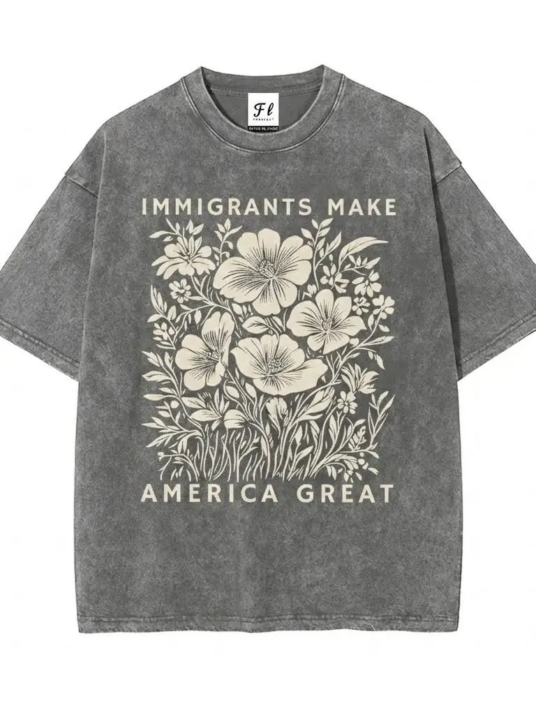 Men's Baggy Oversized Retro Vintage Short-Sleeve Anti-ICE Washed Batik Cotton T-Shirt - "Immigrants Make America Great" Print, Super Soft Pre-Shrunk Streetwear Top, Shortsleeve, Loose