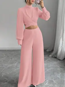 Women's Casual Solid Color Set Long Sleeve Fitted Crop Blouse with Side Zipper, High Waist Wide Leg Pants for Daily Outing and Commuting Womenswear