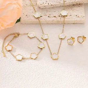 Flower Five Leaf Clover Necklace Bracelet Earrings 18K Gold Plated Jewelry Set For Women Girl Gift