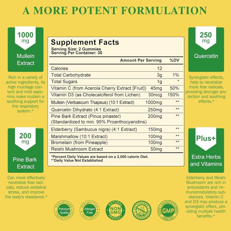 9 in 1 Mullein Gummies for Lung Cleanse & Lymphatic Drainage*, Extra Strength Mullein Leaf Extract w/Quercetin, Bromelain, Elderberry & Marshmallow for Respiratory & Immunity,Vegan