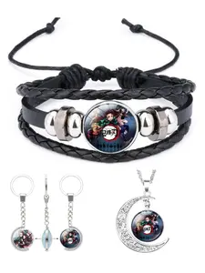 Demon Slayer Gift Set, Time Gem Leather Bracelet, Adjustable Handmade Woven Strap, Moon Stone Pendant Necklace, Birthday Present