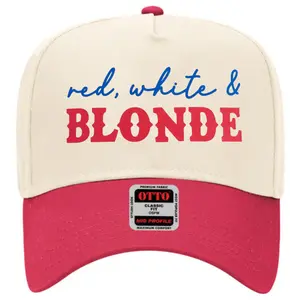 "Red, White & Blonde" Funny Patriotic Baseball Cap - Premium Mid-Profile Snapback - Cute Summer Trucker Hat for Women - 4th of July Statement Graphic Cap - Two-Tone Red and Cream Adjustable Hat