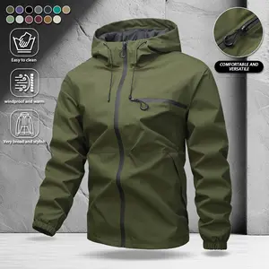 Men's zippered jacket with drawstring pocket, workwear design, hooded, lightweight storage jacket, spring/summer men's regular fit casual long-sleeve coat suitable for everyday wear, solid color long-sleeve zip-up top, men's clothing