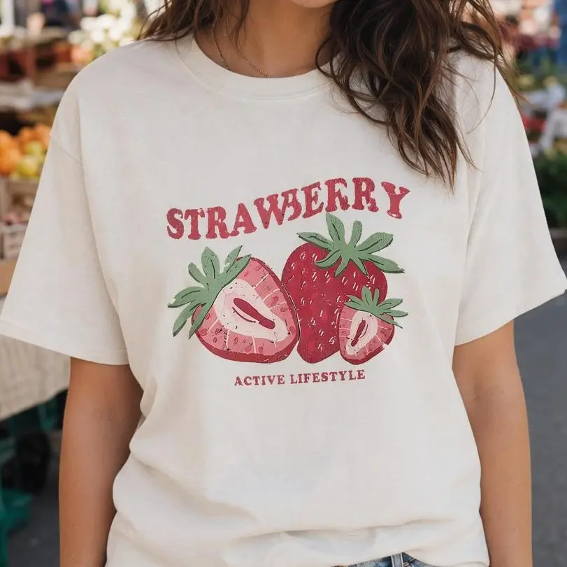 Retro Strawberry Graphic Tee Women Plus Size Active Lifestyle Shirt