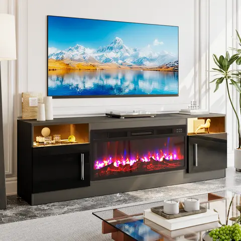 PUKAMI Fireplace TV Stand for TVs Up to 80" TV with 36" Electric Fireplace,Entertainment Center with Fireplace,TV Stand with Fireplace LED Light,Entertainment Stand,70inch