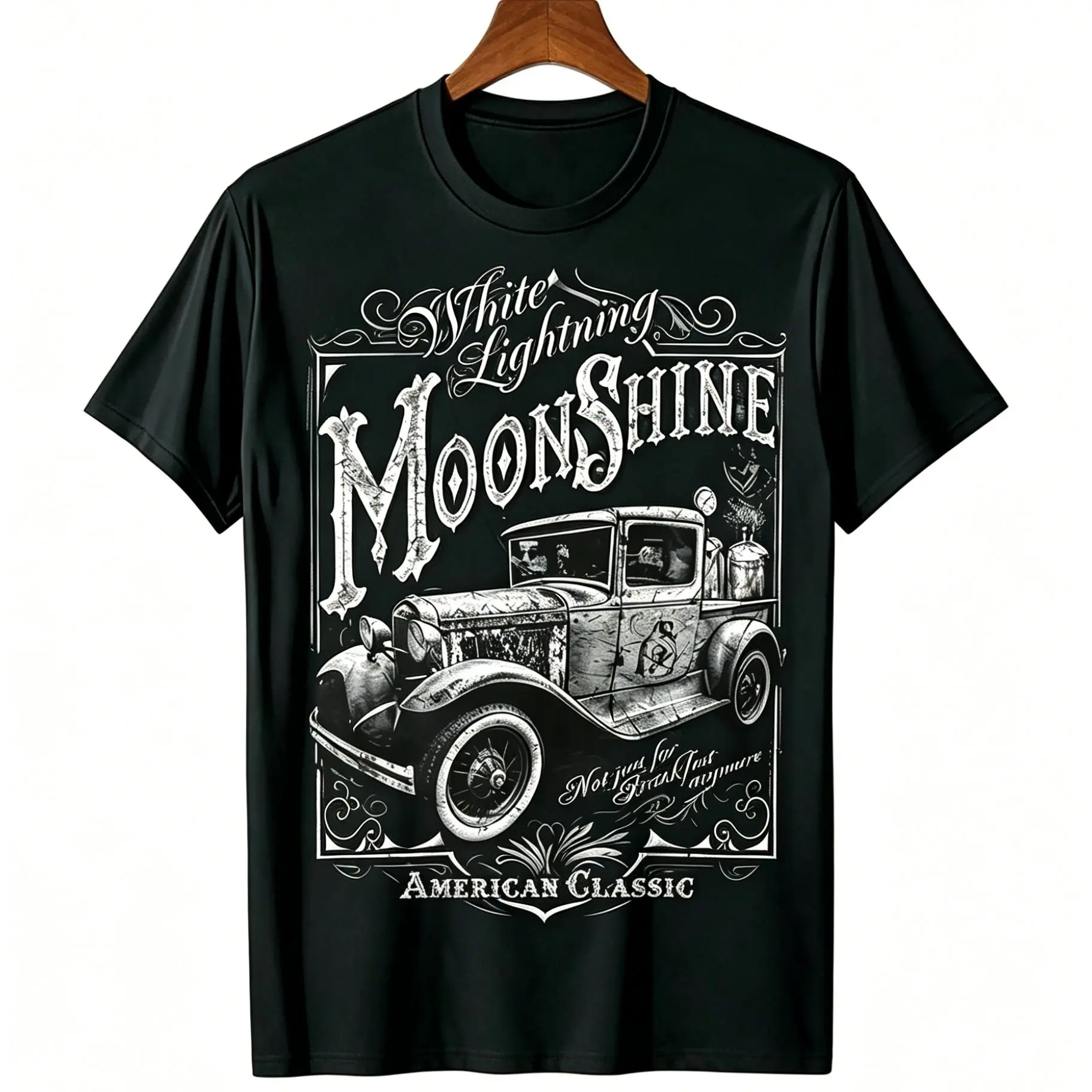 Men's 100% Cotton Round Neck Short-Sleeve Graphic Print Streetwear T-Shirt - White Lightning Moonshine American Classic Vintage Truck Black Menswear Top