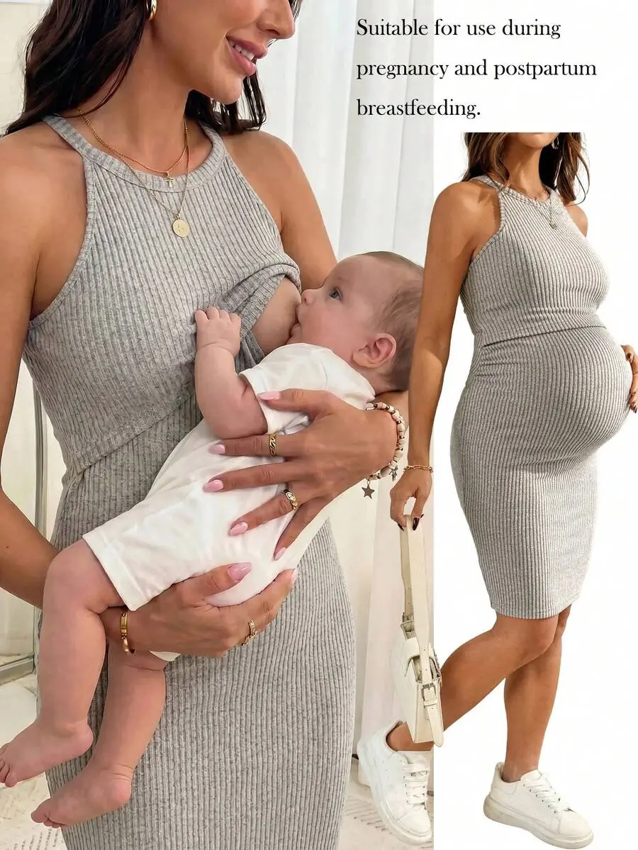 NOGN x Maternity Casual Everyday Commute Simple Solid Color Ribbed Knit Nursing Dress, Summer Cute Outfit Outfits Beach Holiday