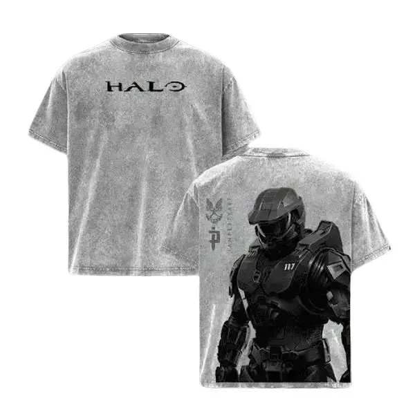 Men's Halo Master Chief Double-Printed Acid-Washed Classic T-Shirt, Oversized Loose-Fit Breathable Soft Cotton Shortsleeve Crew Neck Apparel, Retro Streetwear Lightweight Gamer Top Holiday Gift, Personalized, Seamless, Fabric