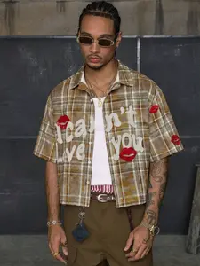 Men's Plaid Short Sleeve Blouse, Lip Print, Vintage Street Style Aesthetic, Casual Loose-Fit Shirt for Summer