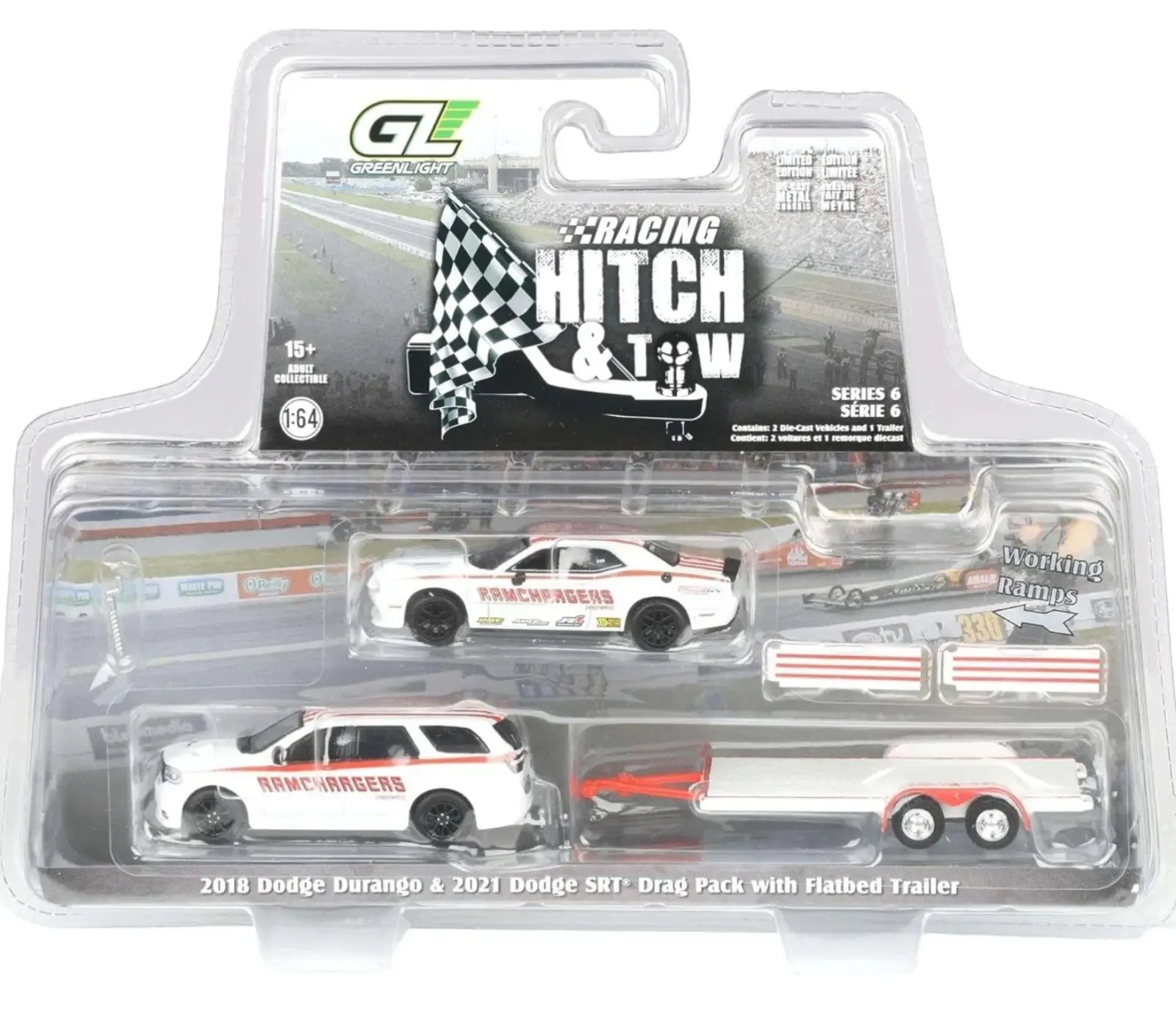 Greenlight 1/64 Manual Push Model Cars Multipack - Collectibles Friction Vehicle Set with 2018 Dodge Durango, Flatbed Trailer, 2016 Dodge Challenger, Plastic, Rolling