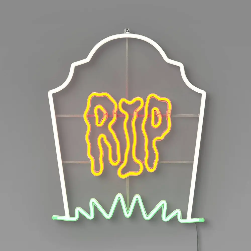 LED Tombstone "RIP" Flashing Neon Sign with Frame Halloween Silhouette Lights White/Orange/Green/Blue - Hyde and EEK! Boutique
