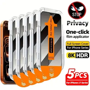 5 pack Full Cover Privacy Screen Protector for iPhone 17 Pro Max/17 Pro/17 Air/16e/17/16/15/14/13/12/11/Pro/Pro Max/Plus/Mini/X/XS/XR/XS MAX/7/8/SE,One-Click Film Applicator,9H Hardness,Anti-Scratch,Anti-Fingerprint,Bubble-Free Application,Easy to Install