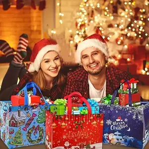 Christmas Large Non-Woven Tote Bag, Heavy-Duty Reusable Shopping Handbag with Gold Stamping, Hot-Pressing Reinforced Handles for Gift Wrapping, Party Favors (32.5x25x17cm)