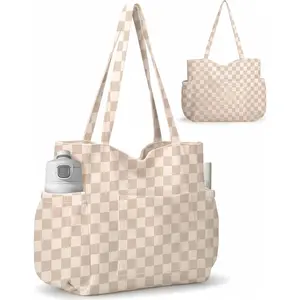 Corduroy Tote Bag for Women,Large Capacity Cute Tote Bags With 6 Pockets,Crossbody  Handbag for Work Travel Gym