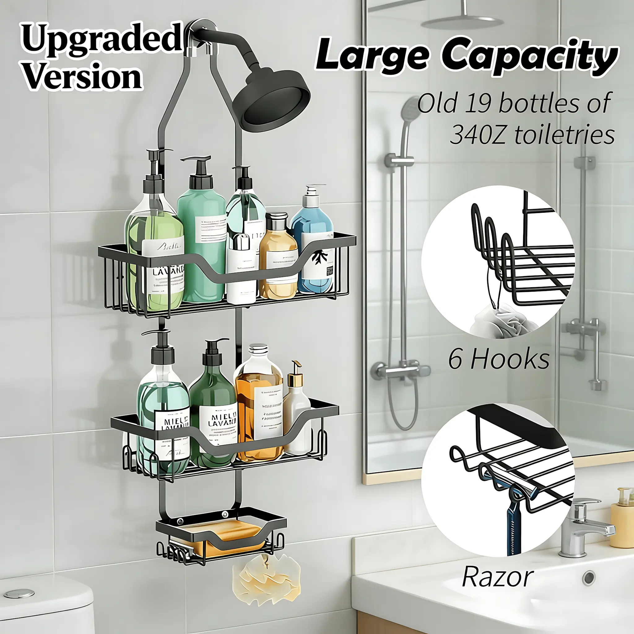 Over-Shower Head Caddy - Never-Rust Aluminum Heavy-Duty Hanging Shower Organizer with 12 Hooks, Large Black Soap Basket, Bathroom Organizing Accessories
