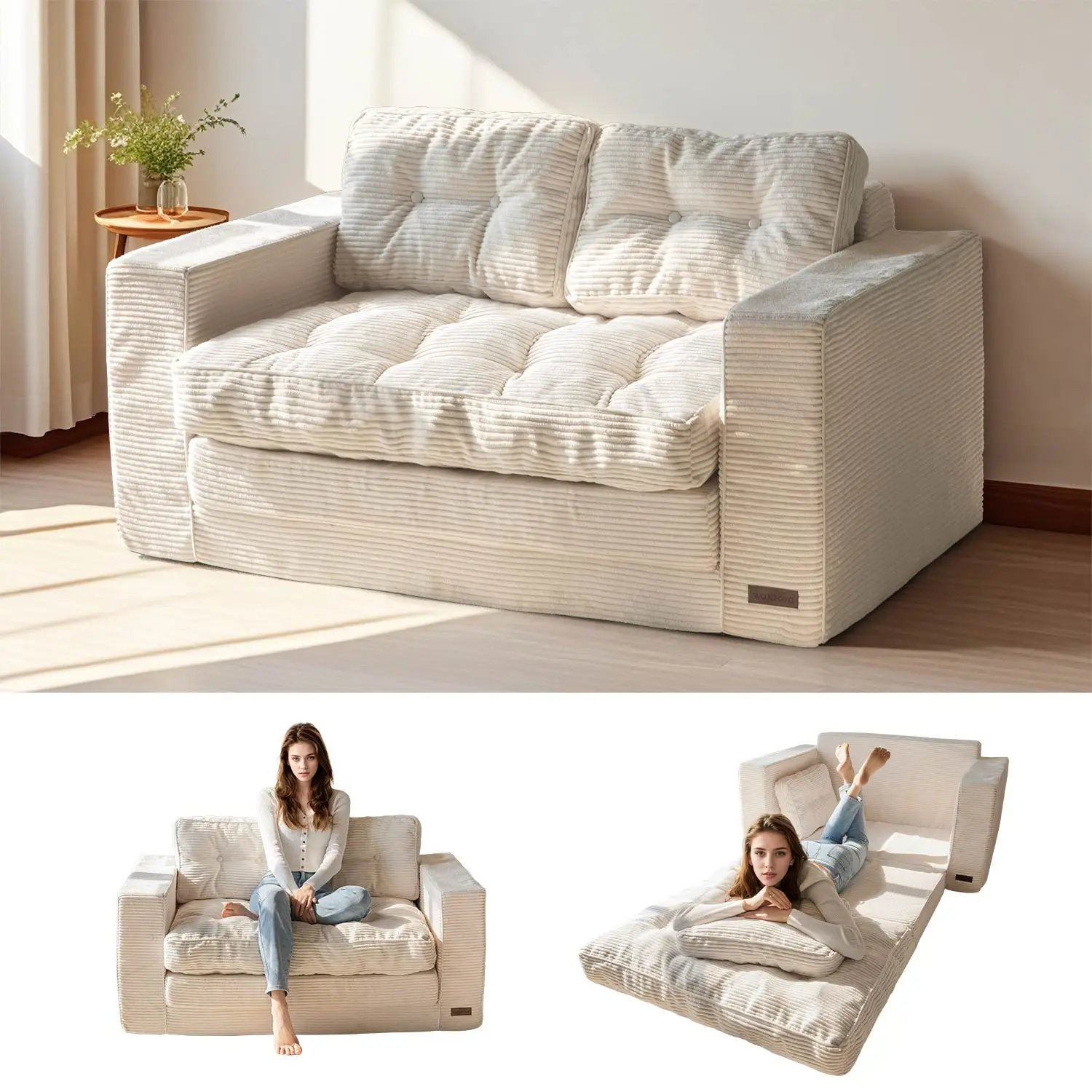 MAXYOYO Folding Out Floor Couch with Pillows, Pull Out Loveseat Sleeper Sofa, 2 in 2 Folding Couch Bed for Living Room Bedroom Lounge