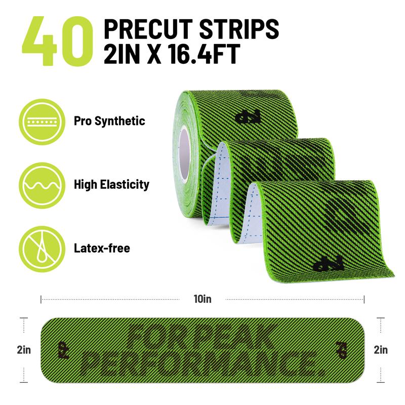 FitPoint Kinesiology Tape – 2 Rolls (40 Pre-Cut Strips) – Ultra-Sticky Athletic Tape for Joint Support – Elastic Kinesio Tape for Knee, Wrist, Ankle – Black & Green