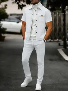 Men's Spring Two-Piece Set, Casual Drawstring Waist Pants & Waffle Texture Muscle Show Shirt, Elastic Jogging