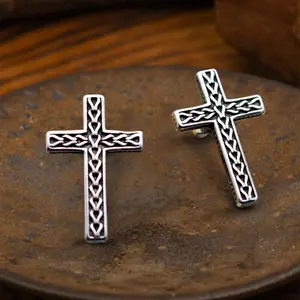 GTHIC Unisex Chain Pattern Cross Stud Earrings Daily Accessories Stainless Steel Birthday Gift
