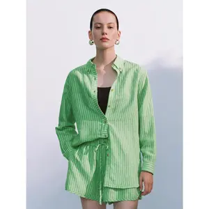 URBAN REVIVO 2026 Spring Women's Lyocell-Linen Striped Long-Sleeve Shirt - Soft, Stretchy, Loose-Fit, Thin Casual Blouse
