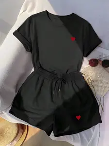 Viral TikTok Heart Print Loungewear Set | Ultra Soft Breathable Cotton Tee & High-Waisted Drawstring Shorts Two-Piece | Cozy Casual Set for Home Lounging, Weekend Errands, Sleepovers | Trendy Y2K Aesthetic Cute Daily Loungewear for Women✨💖