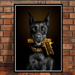 Canvas Poster - Modern Art, Black Rubin Lion Dog With Gun Poster, Oil Painting Luxury Animal Wall Decor - For Living Room Bedroom Corridor - Fall Decor - Ideal Gift For Art Lovers Decoration Ornaments Artistic Print Photo