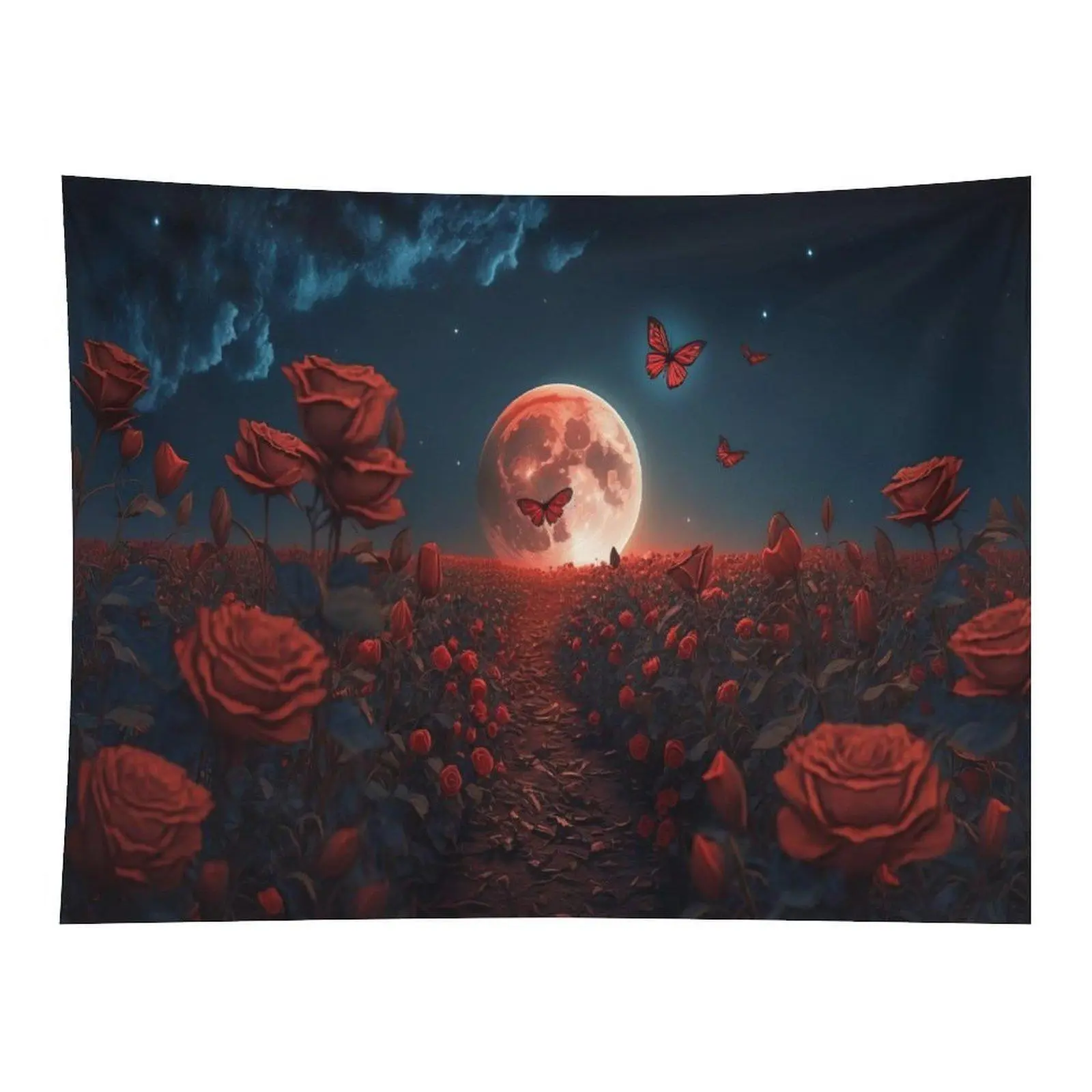 Dark Blood Red Moon Rose Field Red Butterfly Gothic Wall Tapestry Wall Hanging, Moody Dark Floral Romantic Witchy Living Room Decor Ornament