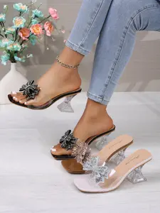 Women's 2026 New Clear Heels with Rhinestone Bow | Plus Size Comfortable Non-slip Rubber Square Toe Block Heel Mules Sandal for Party Footwear (Black/Beige/Brown)